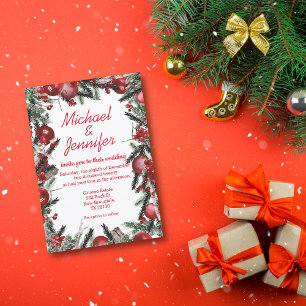 vintage watercolor christmas greenery wedding  red invitation