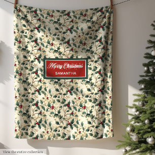 Vintage Watercolor Christmas Holly Berries Blanket
