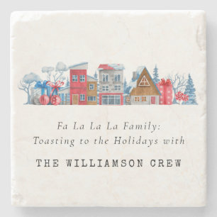 VINTAGE WATERCOLOR CHRISTMAS HOUSES PERSONALIZED STONE COASTER