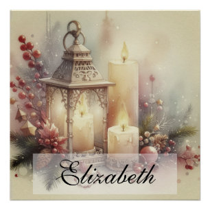 Vintage Watercolor Christmas Lantern and Ornaments Poster