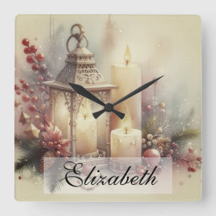 Vintage Watercolor Christmas Lantern and Ornaments Square Wall Clock