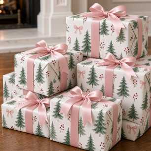 Vintage Watercolor Christmas Tree Pink Ribbon Bow Wrapping Paper