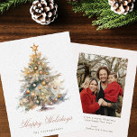Vintage Watercolor Christmas Tree Script Photo Holiday Card<br><div class="desc">A charming flat holiday card featuring a watercolor illustration of a vintage style Christmas tree decorated with baubles and a star,  and editable headline in script font. Personalise with a photo on the reverse along with a message.</div>