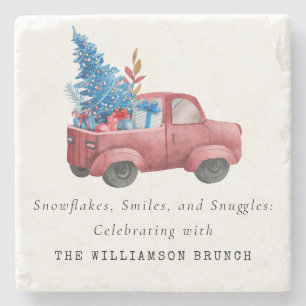 VINTAGE WATERCOLOR CHRISTMAS TRUCK PERSONALIZED  STONE COASTER