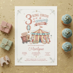Vintage Watercolor Circus Triplets Baby Shower Invitation