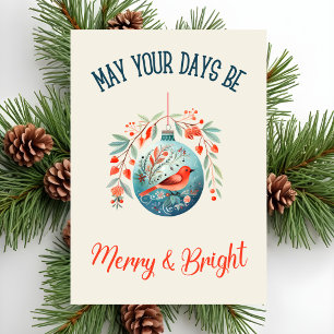 Vintage Watercolor Cool Blue & Red Bird Christmas Holiday Card