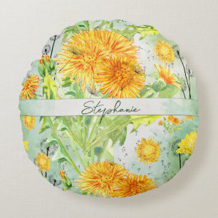 Vintage Watercolor Dandelion Pattern Monogram Round Cushion