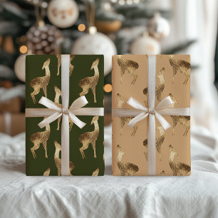 Vintage Watercolor Deer Pattern I Gold, Green Wrapping Paper Sheet