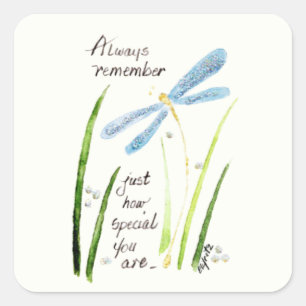 Vintage Watercolor Dragonfly Always Remember text  Square Sticker