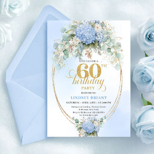 Vintage Watercolor Dusty Blue Floral 60th Birthday Invitation