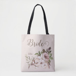 Vintage Watercolor Dusty Rose Floral Bride Tote Bag