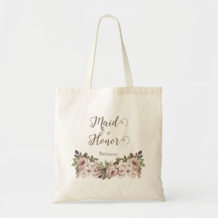 Vintage Watercolor Dusty Rose Floral Maid of Honor Tote Bag