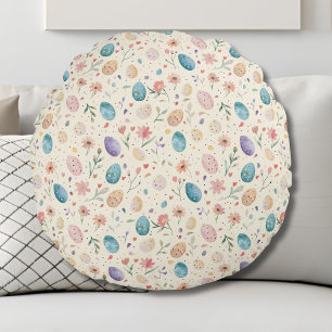 Vintage Watercolor Easter Flowers Leaves Eggs Round Cushion
