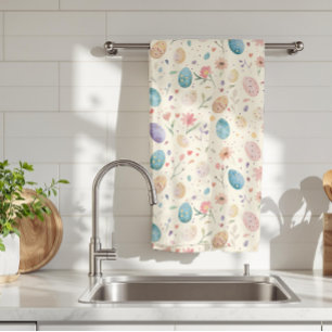 Vintage Watercolor Easter Flowers Leaves Eggs Tea Towel