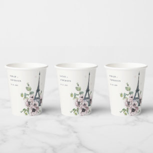 Vintage Watercolor Eiffel Tower Floral Wedding Paper Cups