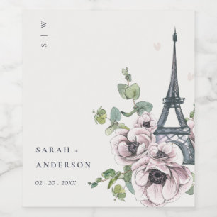 Vintage Watercolor Eiffel Tower Floral Wedding Wine Label