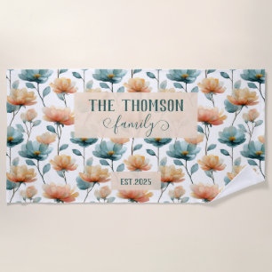 Vintage Watercolor Floral Family Heritage Beach Towel