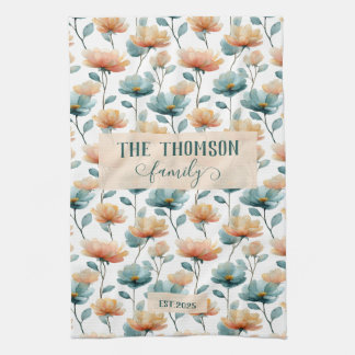 Vintage Watercolor Floral Family Heritage Tea Towel