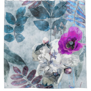 Vintage Watercolor Floral Lilac Poppies Shower Curtain