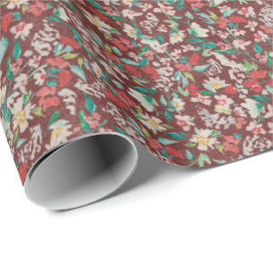 Vintage Watercolor Florals Winter Meadow (Red) Wrapping Paper
