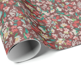 Vintage Watercolor Florals Winter Meadow (Red) Wrapping Paper