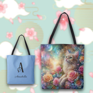 Vintage Watercolor Flowers and Cat Monogram Tote Bag