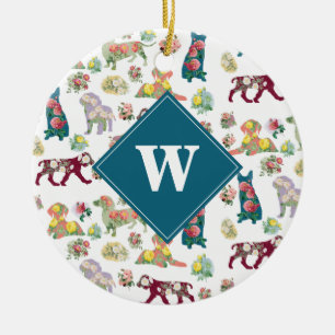 Vintage Watercolor Flowers & Dogs Pattern Monogram Ceramic Tree Decoration