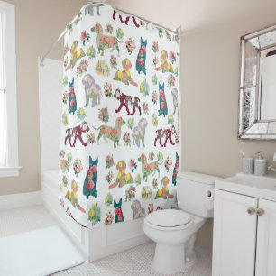 Vintage Watercolor Flowers & Dogs Pattern Shower Curtain
