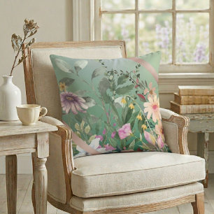Vintage Watercolor Flowers Sage Green  Cushion