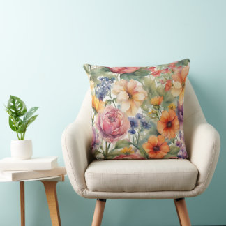 Vintage Watercolor Garden Flowers in Bloom Cushion