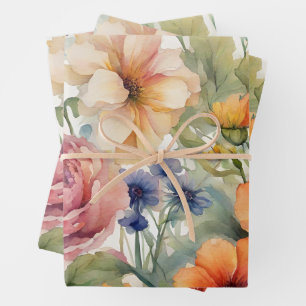 Vintage Watercolor Garden Flowers in Bloom  Wrapping Paper Sheet