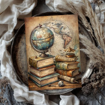 Vintage Watercolor globe old books world map