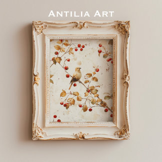 Vintage Watercolor Golden Bird on Red Berry Branch Poster