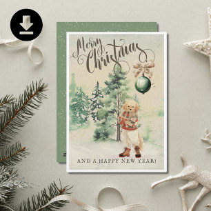 Vintage Watercolor Golden Retriever Dog Holiday Card