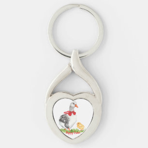 Vintage Watercolor Goose & Chick Key Ring