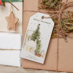 Vintage Watercolor Green Village Happy Holidays Gift Tags