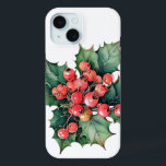 Vintage watercolor holly berries leaves  iPhone 15 case<br><div class="desc">A vintage watercolor painting of classic holly berries and leaves.  Customisable!</div>