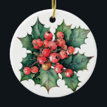 Vintage watercolor holly berries leaves  ceramic tree decoration<br><div class="desc">A vintage watercolor painting of classic holly berries and leaves.  Customisable!</div>