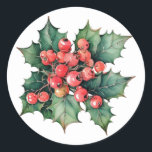 Vintage watercolor holly berries leaves  classic round sticker<br><div class="desc">A vintage watercolor painting of classic holly berries and leaves.  Customisable!</div>
