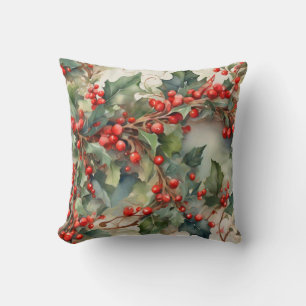 Vintage watercolor holly berries leaves  cushion