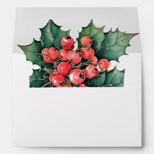 Vintage watercolor holly berries leaves envelope