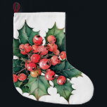 Vintage watercolor holly berries leaves  large christmas stocking<br><div class="desc">A vintage watercolor painting of classic holly berries and leaves.  Customisable!</div>