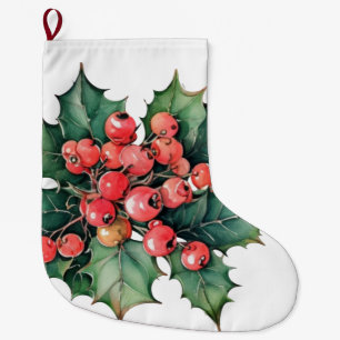 Vintage watercolor holly berries leaves large christmas stocking