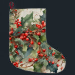 Vintage watercolor holly berries leaves  large christmas stocking<br><div class="desc">Vintage watercolor holly berries leaves</div>