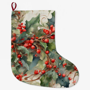 Vintage watercolor holly berries leaves large christmas stocking