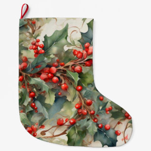 Vintage watercolor holly berries leaves large christmas stocking
