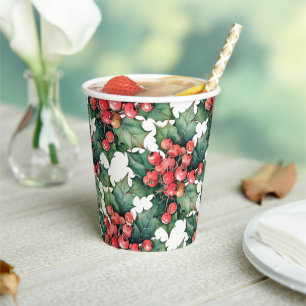 Vintage watercolor holly berries leaves  paper cups