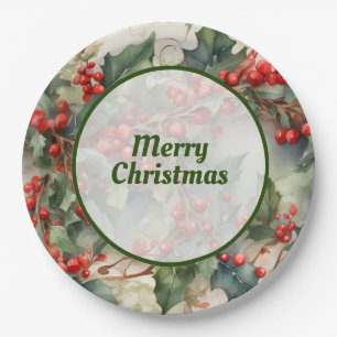 Vintage watercolor holly berries leaves  paper plate