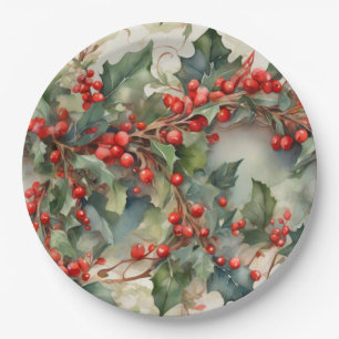 Vintage watercolor holly berries leaves paper plate