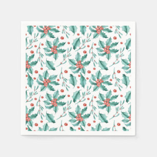 Vintage Watercolor Holly Pattern Christmas Napkin